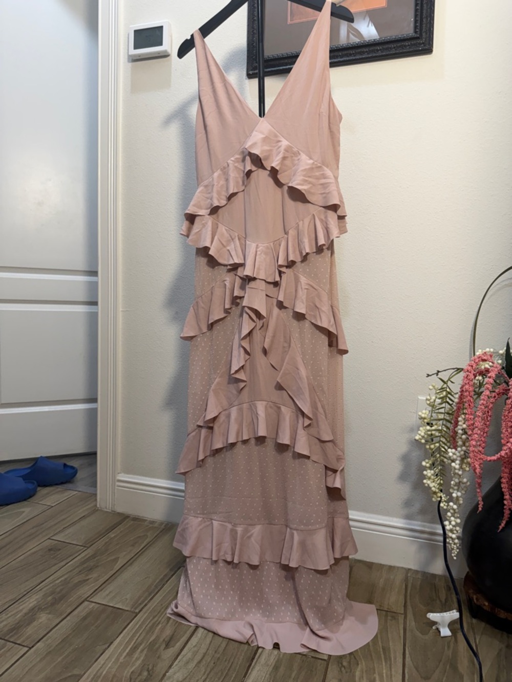 H&M Blush Pink Ruffle Tiered V-Neck Maxi Dress